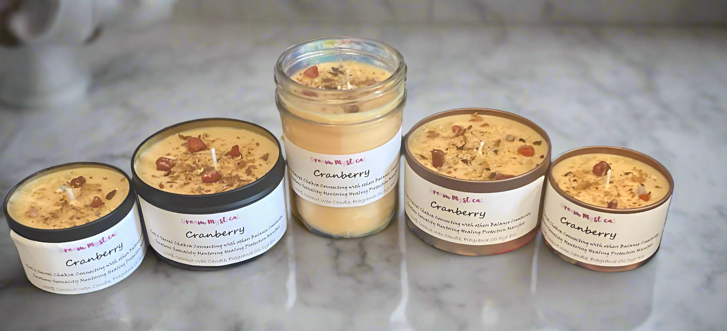 Cranberry Manifesting Candle Root/Sacral Chakra Connecting with others Protection Balance Mentoring Healing Infused with Carnelian crystals