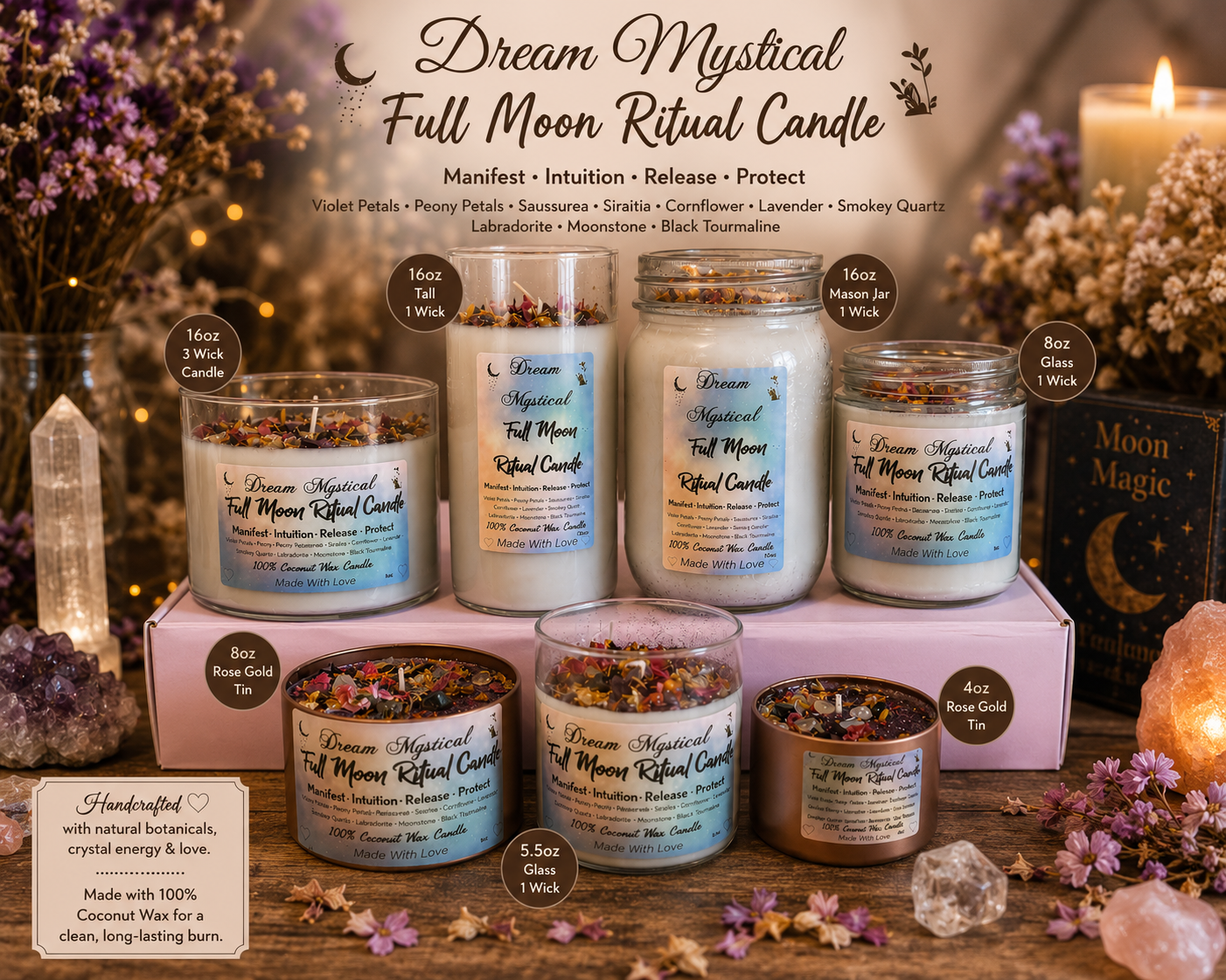 π Dream Mystical Full Moon Ritual Candle Coconut Wax Herbs, Flowers and Crystals
Manifest β’ Intuition β’ Release β’ Protect