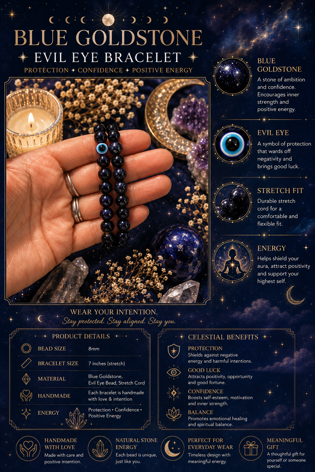 ๐ Handmade Celestial Blue Goldstone Bracelet | Evil Eye Protection & Throat Chakra Healing
