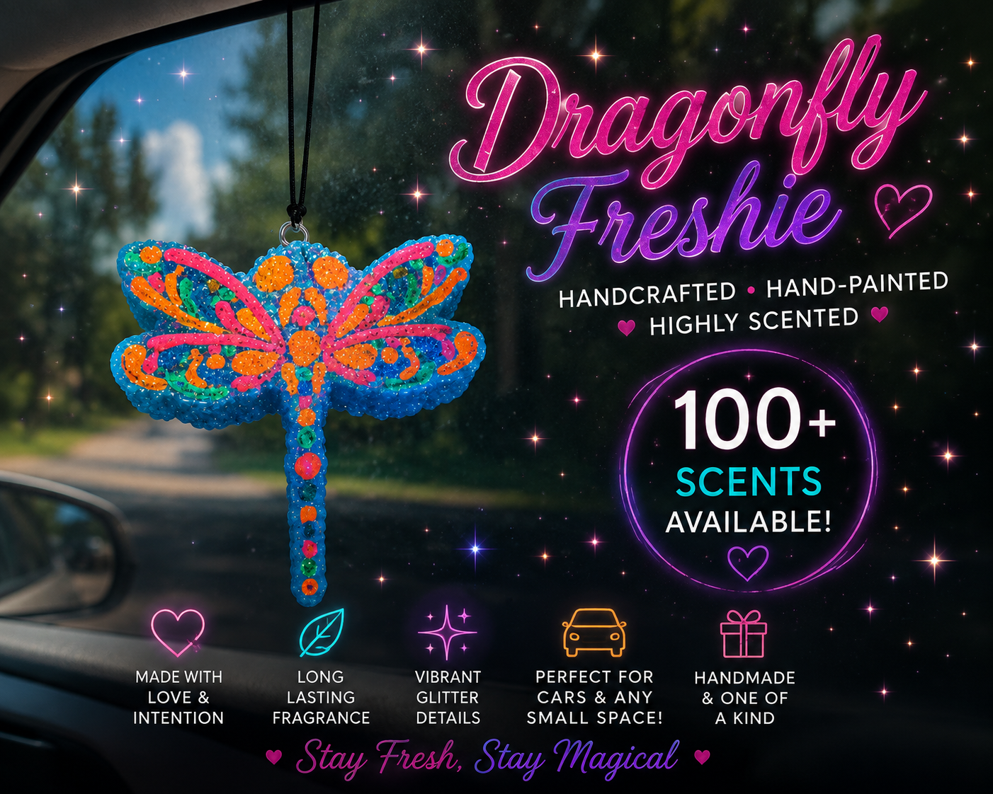 ✨ Enchanted Dragonfly Hand-Painted Car Freshie | Colorful Glitter Air Freshener ✨