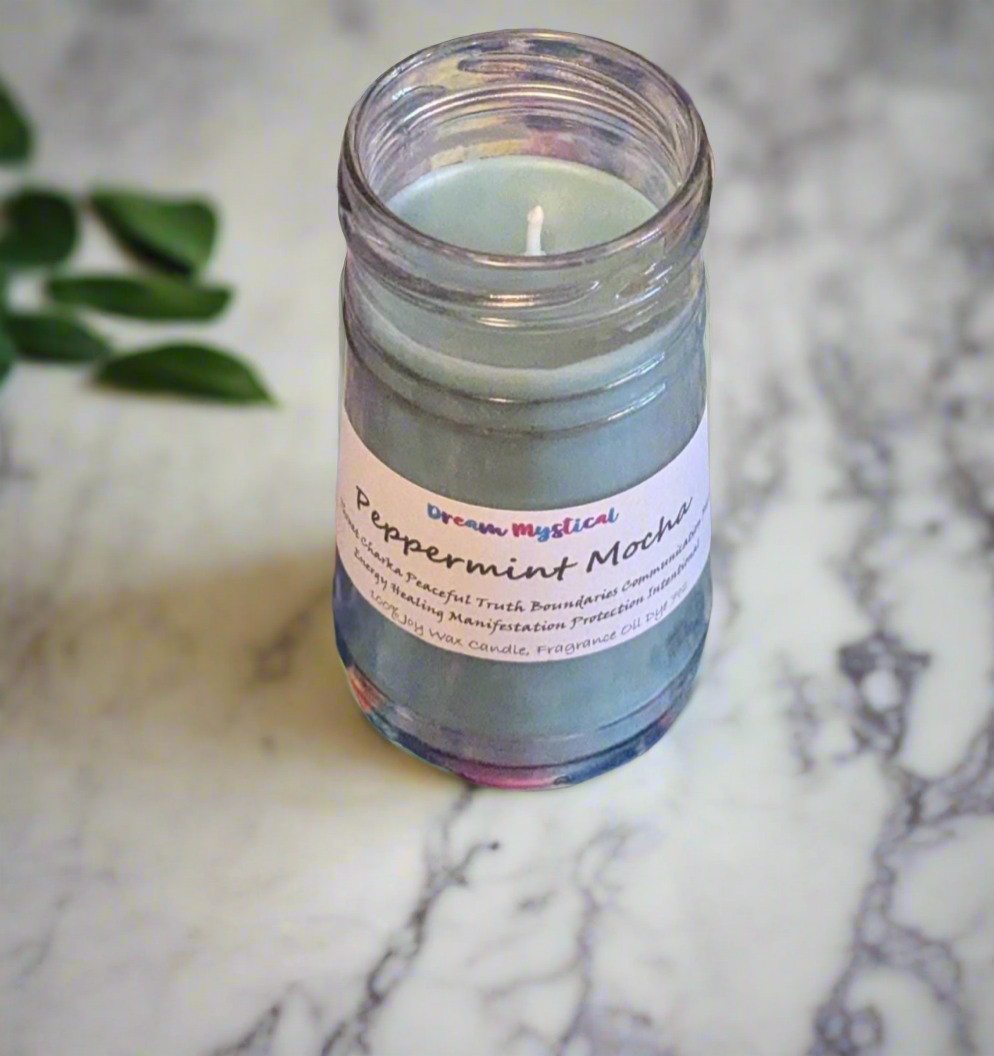 Peppermint Mocha Intentional Manifesting handmade hand poured Candle Throat Chakra Communication Truth Bounderies Peaceful Healing Protection