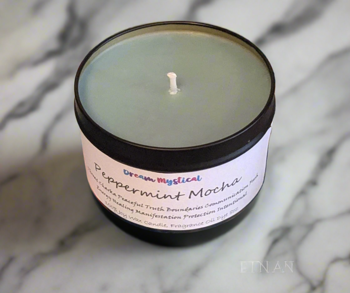 Peppermint Mocha Intentional Manifesting handmade hand poured Candle Throat Chakra Communication Truth Bounderies Peaceful Healing Protection
