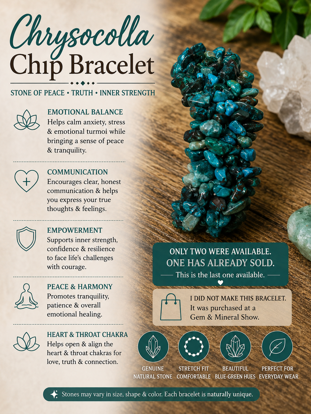 Natural Chrysocolla Chip Bracelet | Gem Show Find | Last One Available | Stretch Crystal Bracelet | Blue-Green Natural Stone Jewelry