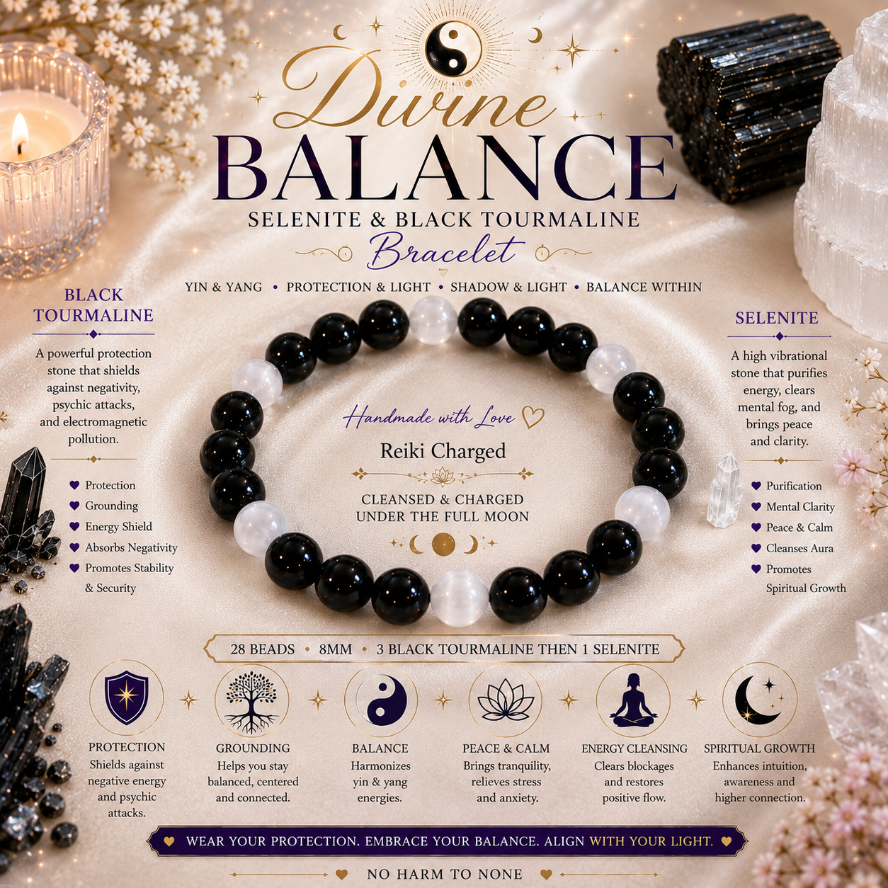 8MM Divine Balance — Black Tourmaline & Selenite Bracelet Protection Natural Genuine Healing Crystal Bracelet