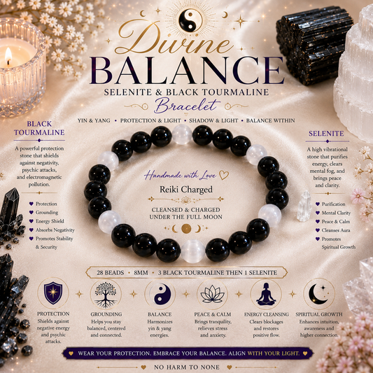 8MM Divine Balance — Black Tourmaline & Selenite Bracelet Protection Natural Genuine Healing Crystal Bracelet