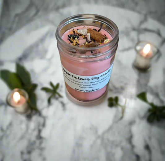 Apple Nutmeg Manifesting Candle Root/Solar Plexus Unwind Abdomen & Sexual Organs Protection  Grounding Personal Power Infused w/ crystals