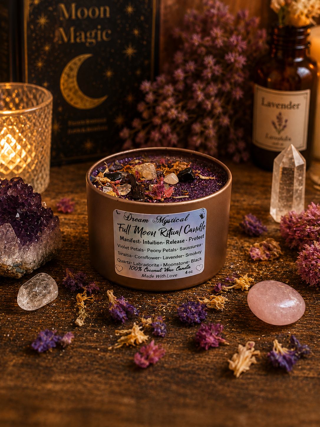 🌕 Dream Mystical Full Moon Ritual Candle Coconut Wax Herbs, Flowers and Crystals 

Manifest • Intuition • Release • Protect