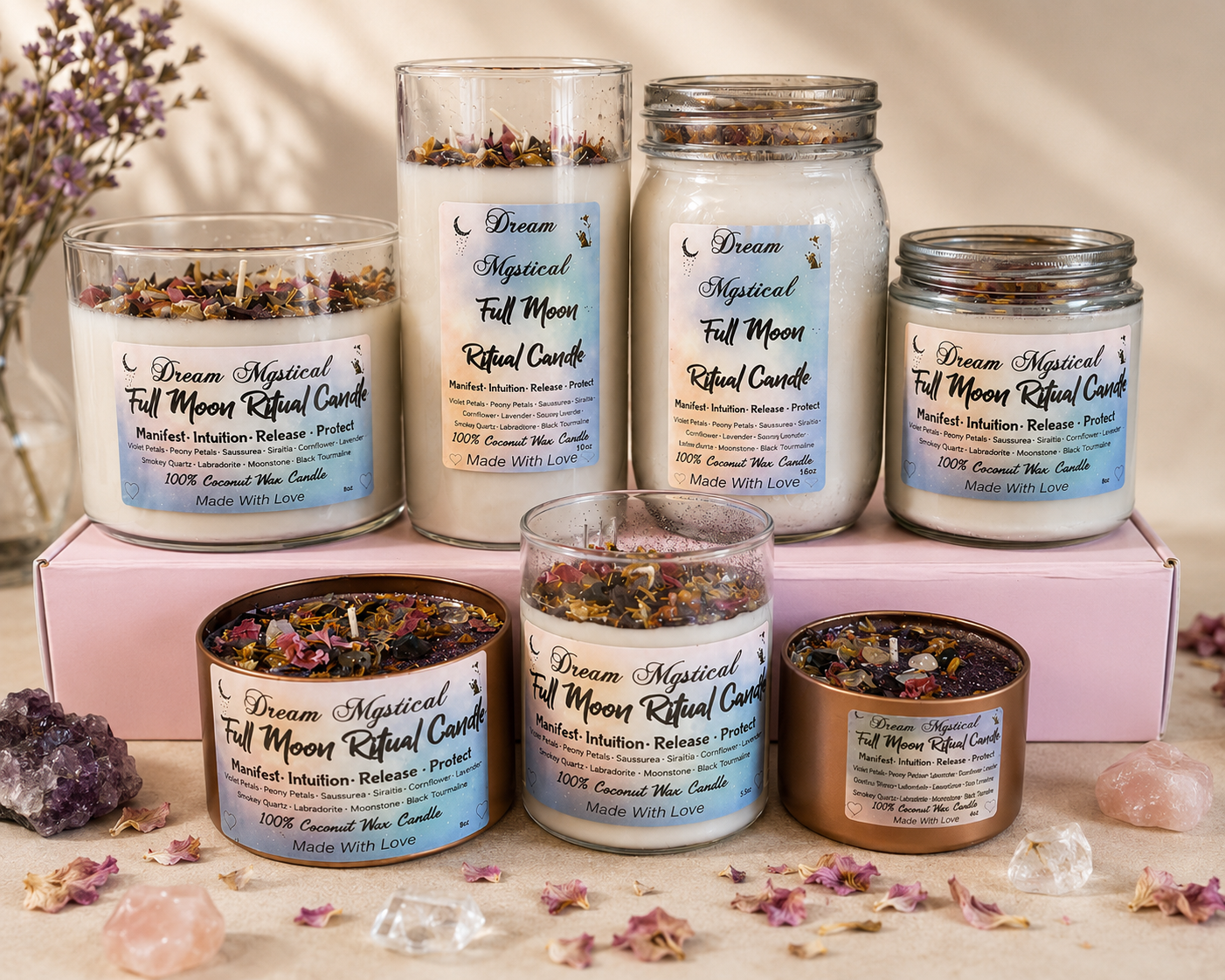 🌕 Dream Mystical Full Moon Ritual Candle Coconut Wax Herbs, Flowers and Crystals 

Manifest • Intuition • Release • Protect