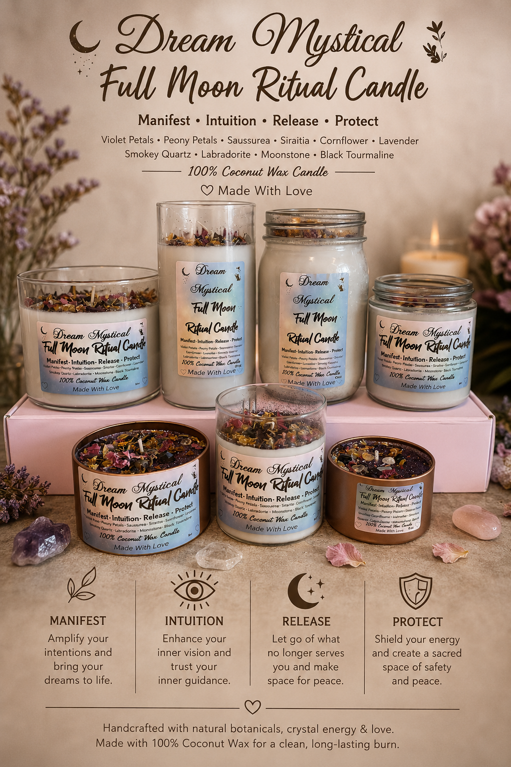🌕 Dream Mystical Full Moon Ritual Candle Coconut Wax Herbs, Flowers and Crystals 

Manifest • Intuition • Release • Protect