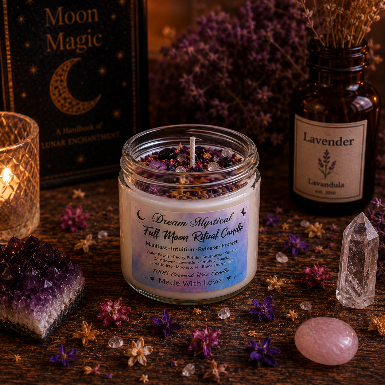 🌕 Dream Mystical Full Moon Ritual Candle Coconut Wax Herbs, Flowers and Crystals 

Manifest • Intuition • Release • Protect