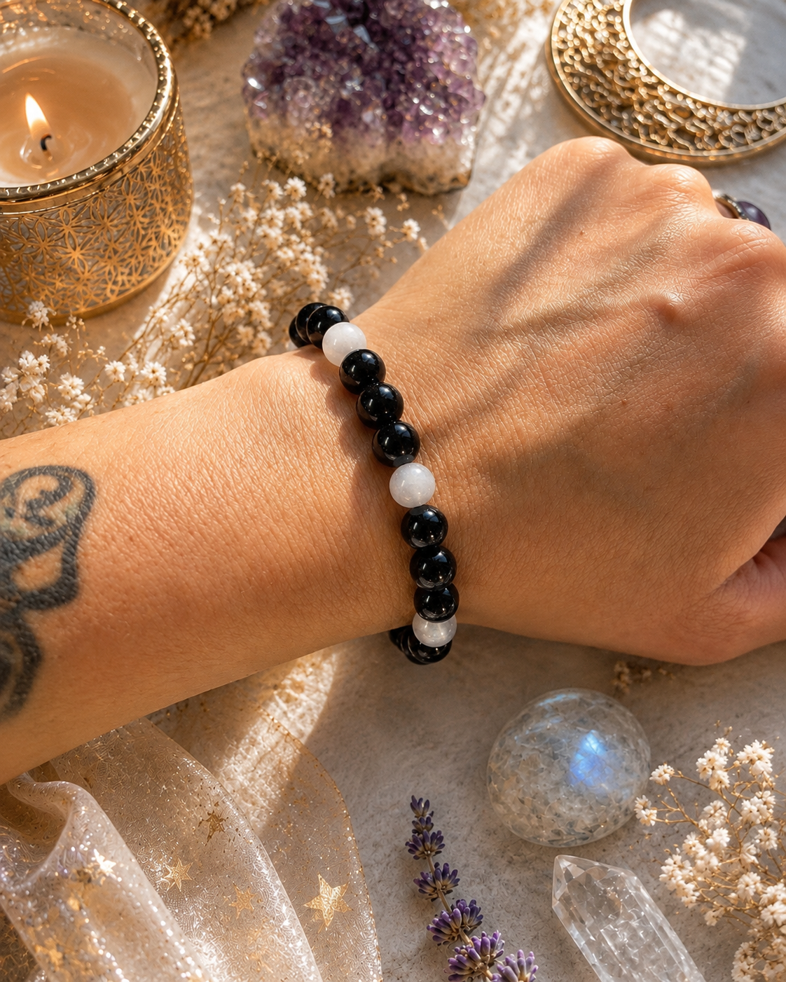 8MM Divine Balance — Black Tourmaline & Selenite Bracelet Protection Natural Genuine Healing Crystal Bracelet