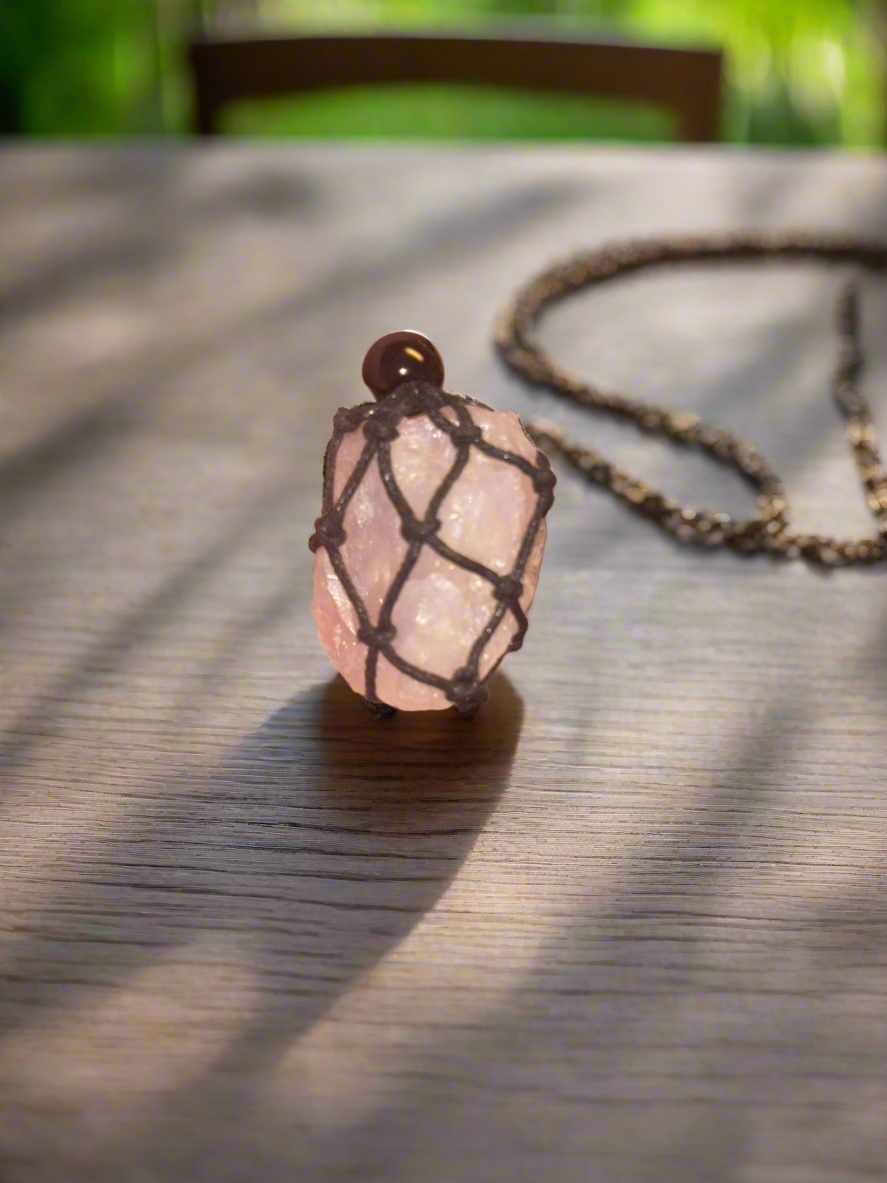 Sacred Divine Love Rose 🌹 Quartz Reiki Infused Interchangeable adjustable crystal Macrame pouch necklace
