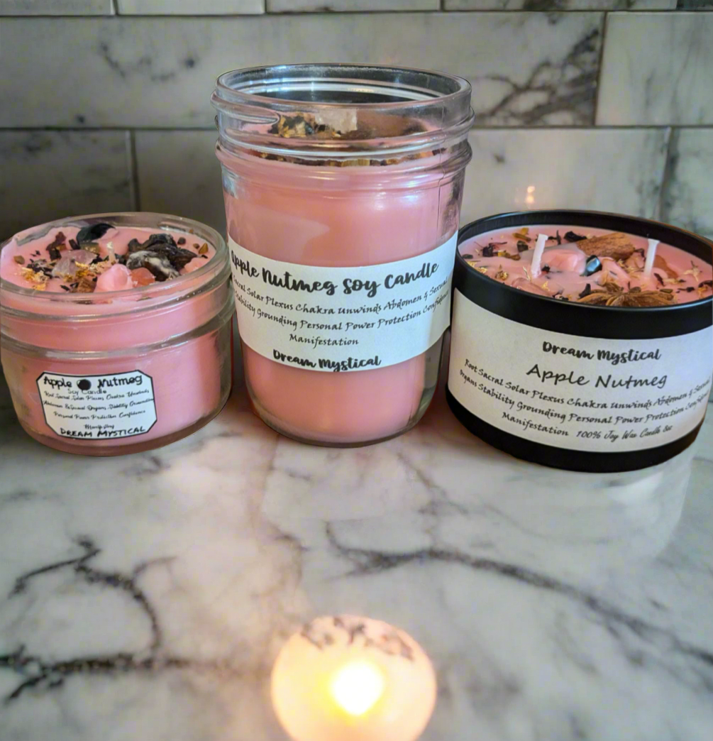 Apple Nutmeg Manifesting Candle Root/Solar Plexus Unwind Abdomen & Sexual Organs Protection  Grounding Personal Power Infused w/ crystals