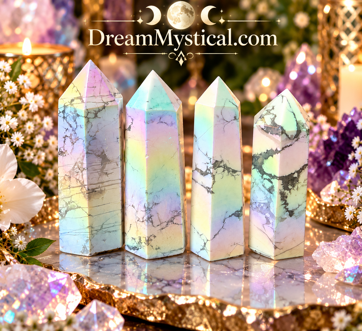 ✨ Iridescent Aura Howlite Towers | Rainbow Howlite Crystal Points 🌈✨