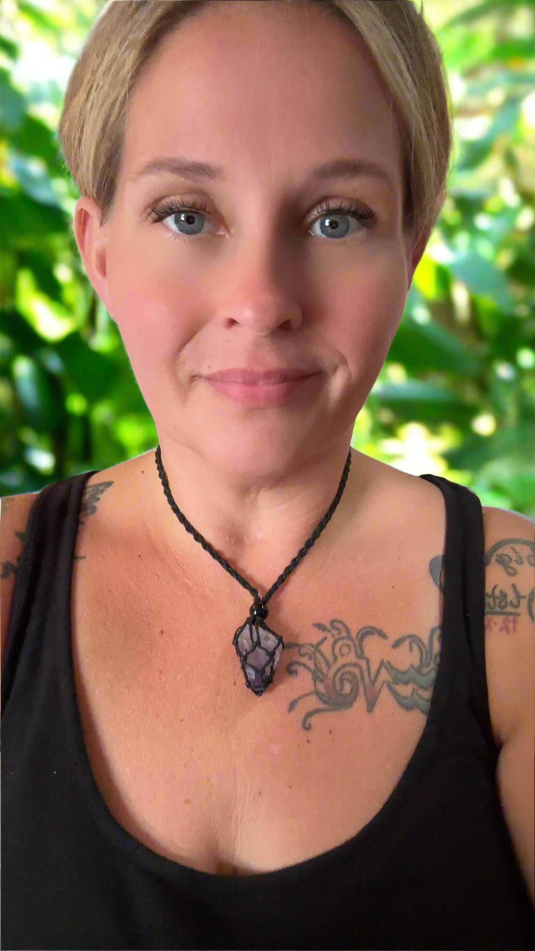 Violet Flame Amethyst Reiki Infused Interchangeable adjustable crystal Macrame pouch necklace