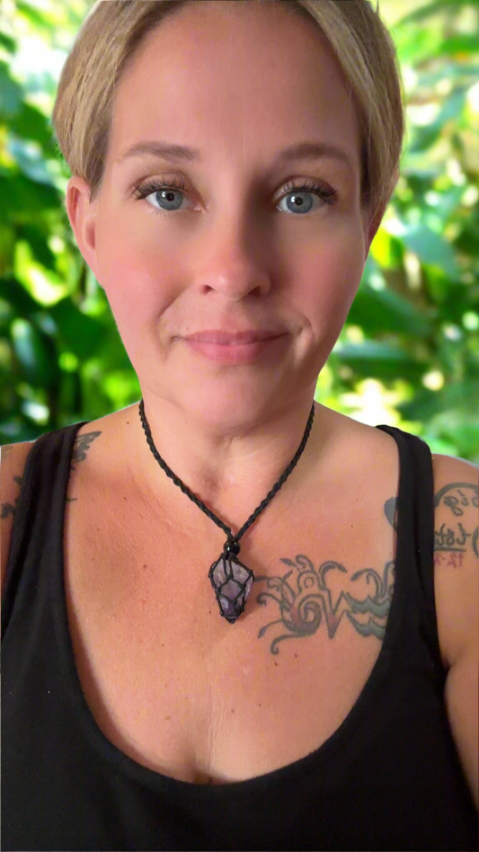 Violet Flame Amethyst Reiki Infused Interchangeable adjustable crystal Macrame pouch necklace
