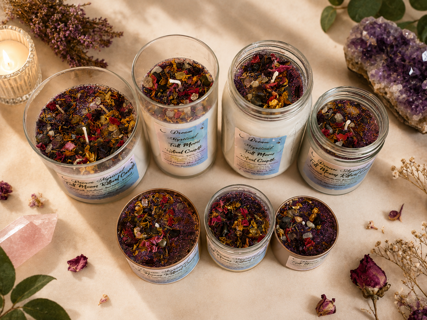 🌕 Dream Mystical Full Moon Ritual Candle Coconut Wax Herbs, Flowers and Crystals 

Manifest • Intuition • Release • Protect