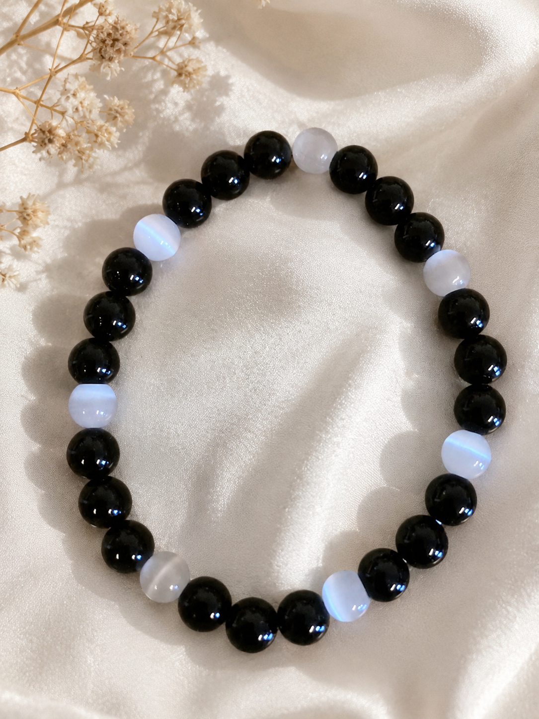 8MM Divine Balance — Black Tourmaline & Selenite Bracelet Protection Natural Genuine Healing Crystal Bracelet
