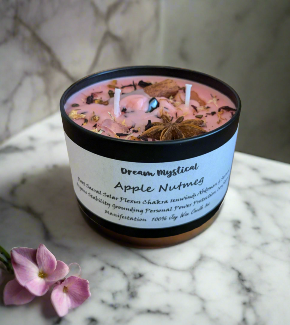 Apple Nutmeg Manifesting Candle Root/Solar Plexus Unwind Abdomen & Sexual Organs Protection  Grounding Personal Power Infused w/ crystals