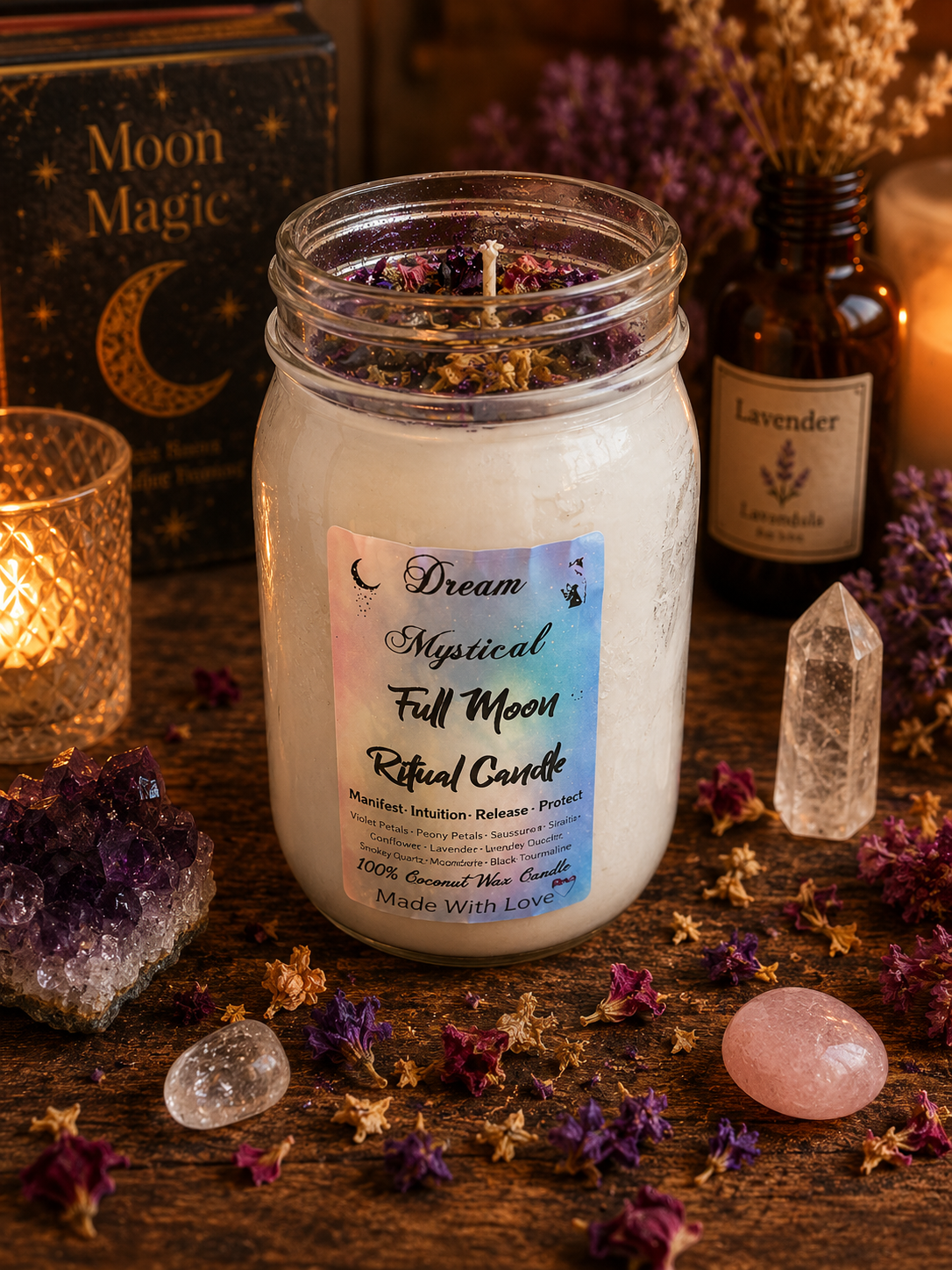 🌕 Dream Mystical Full Moon Ritual Candle Coconut Wax Herbs, Flowers and Crystals 

Manifest • Intuition • Release • Protect