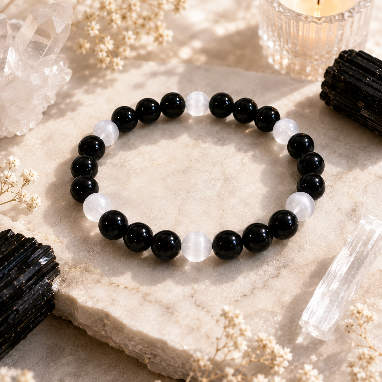 8MM Divine Balance — Black Tourmaline & Selenite Bracelet Protection Natural Genuine Healing Crystal Bracelet