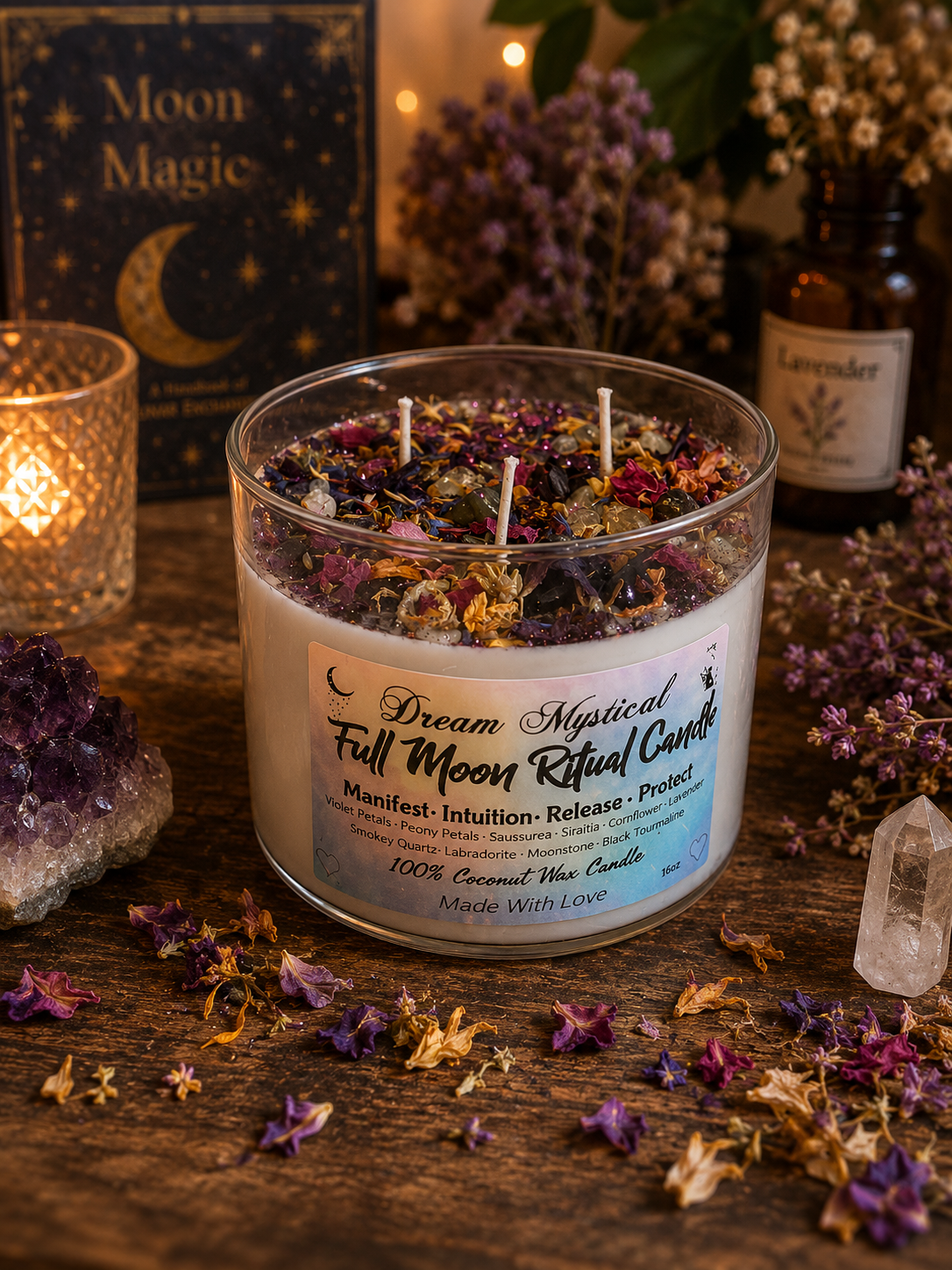 🌕 Dream Mystical Full Moon Ritual Candle Coconut Wax Herbs, Flowers and Crystals 

Manifest • Intuition • Release • Protect