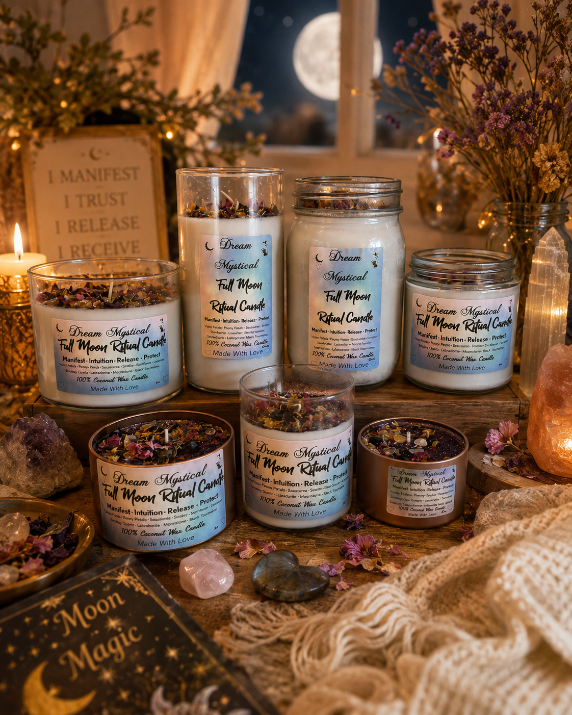 🌕 Dream Mystical Full Moon Ritual Candle Coconut Wax Herbs, Flowers and Crystals 

Manifest • Intuition • Release • Protect