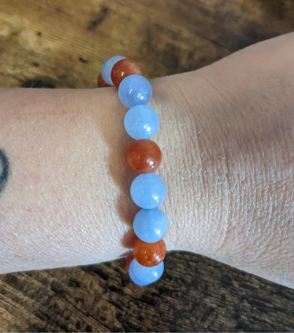 8MM Orange Carnelian Blue Aquarium Divine Natural Genuine Crystal Bracket Confidence Protection & Reiki Healing