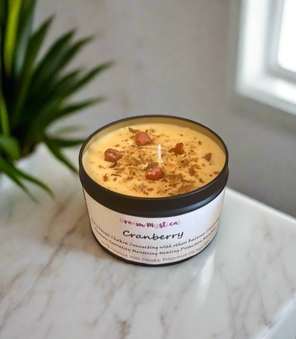 Cranberry Manifesting Candle Root/Sacral Chakra Connecting with others Protection Balance Mentoring Healing Infused with Carnelian crystals