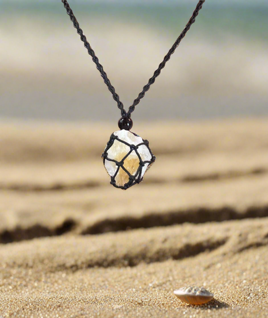 Solar Queen Citrine Reiki Infused Interchangeable adjustable crystal Macrame pouch necklace