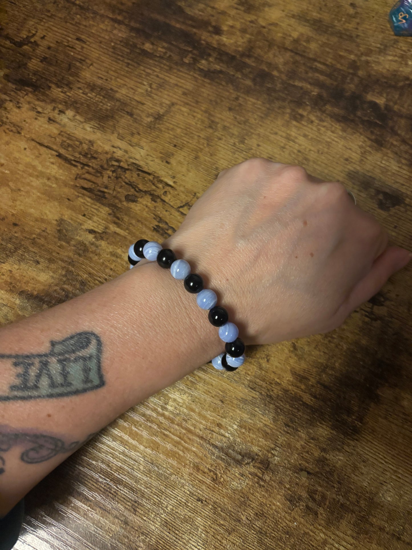 Celestial Shield Harmony Bracelet | Black Tourmaline Blue Lace Agate | Throat & Root Chakra Balance • Reiki Healing Protection Peace