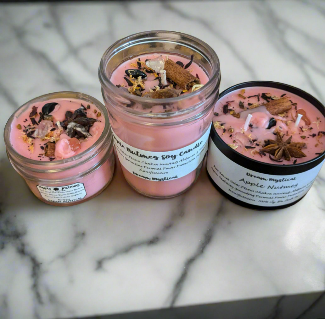 Apple Nutmeg Manifesting Candle Root/Solar Plexus Unwind Abdomen & Sexual Organs Protection  Grounding Personal Power Infused w/ crystals