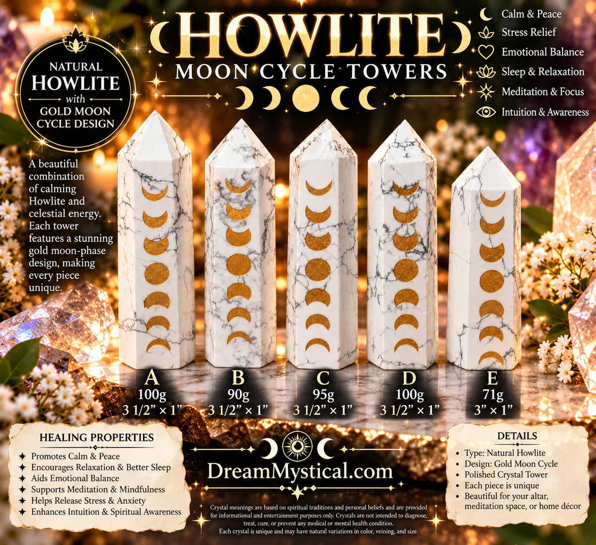 🌙 Howlite Moon Cycle Tower | Gold Moon Phase Crystal Point 🌙✨