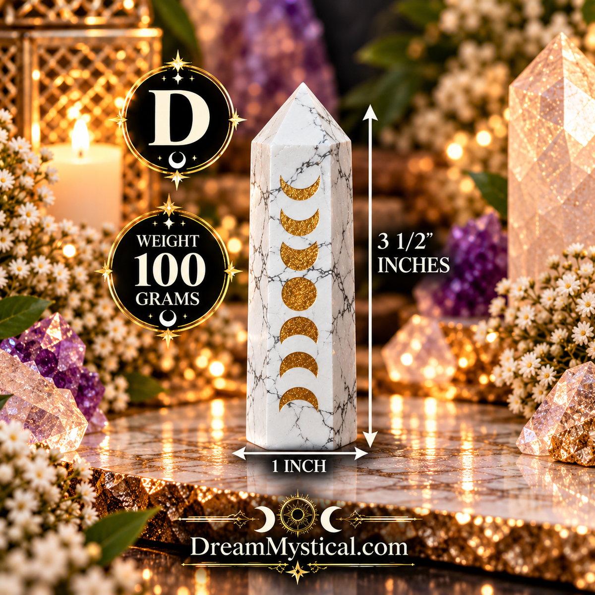 🌙 Howlite Moon Cycle Tower | Gold Moon Phase Crystal Point 🌙✨