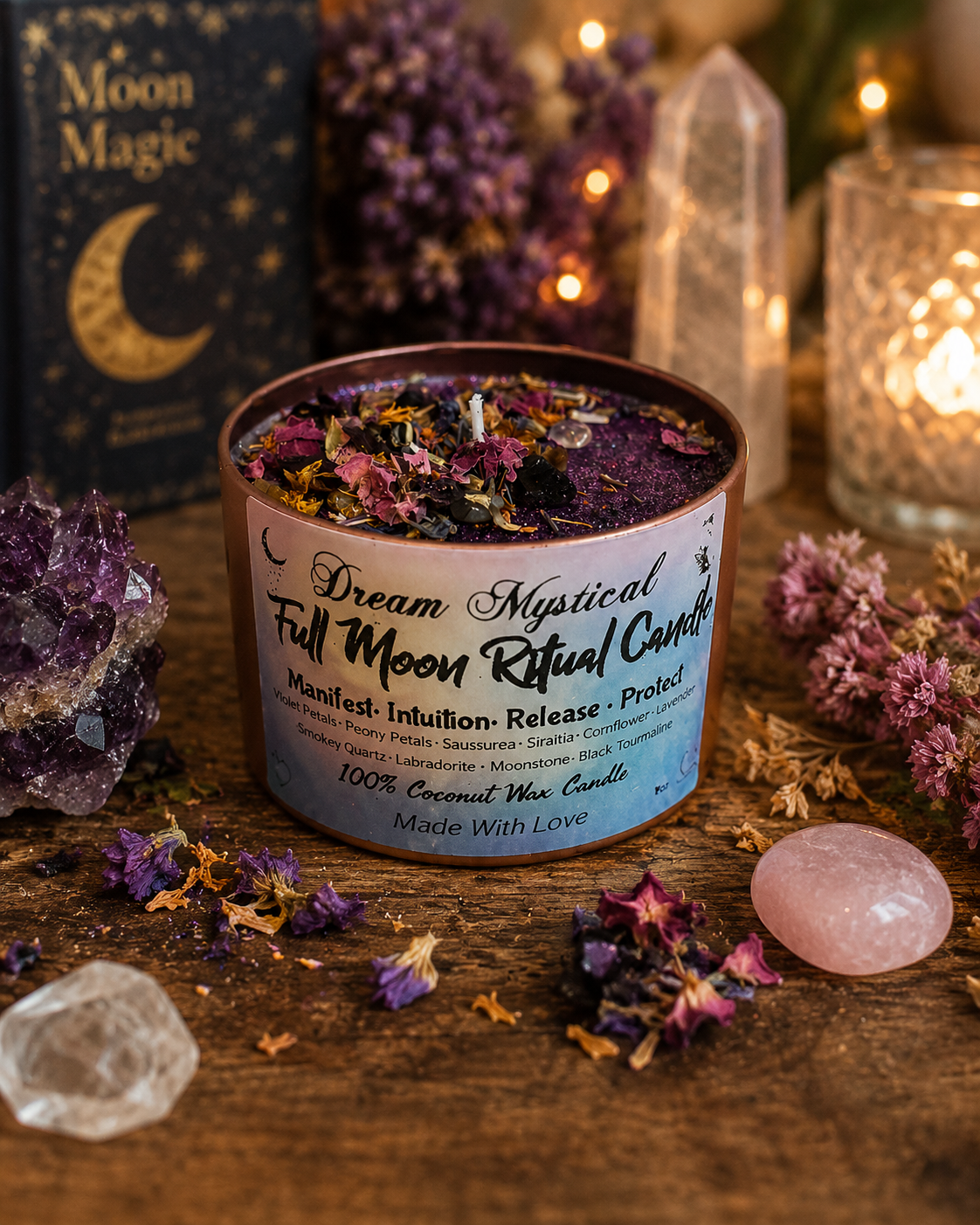 🌕 Dream Mystical Full Moon Ritual Candle Coconut Wax Herbs, Flowers and Crystals 

Manifest • Intuition • Release • Protect