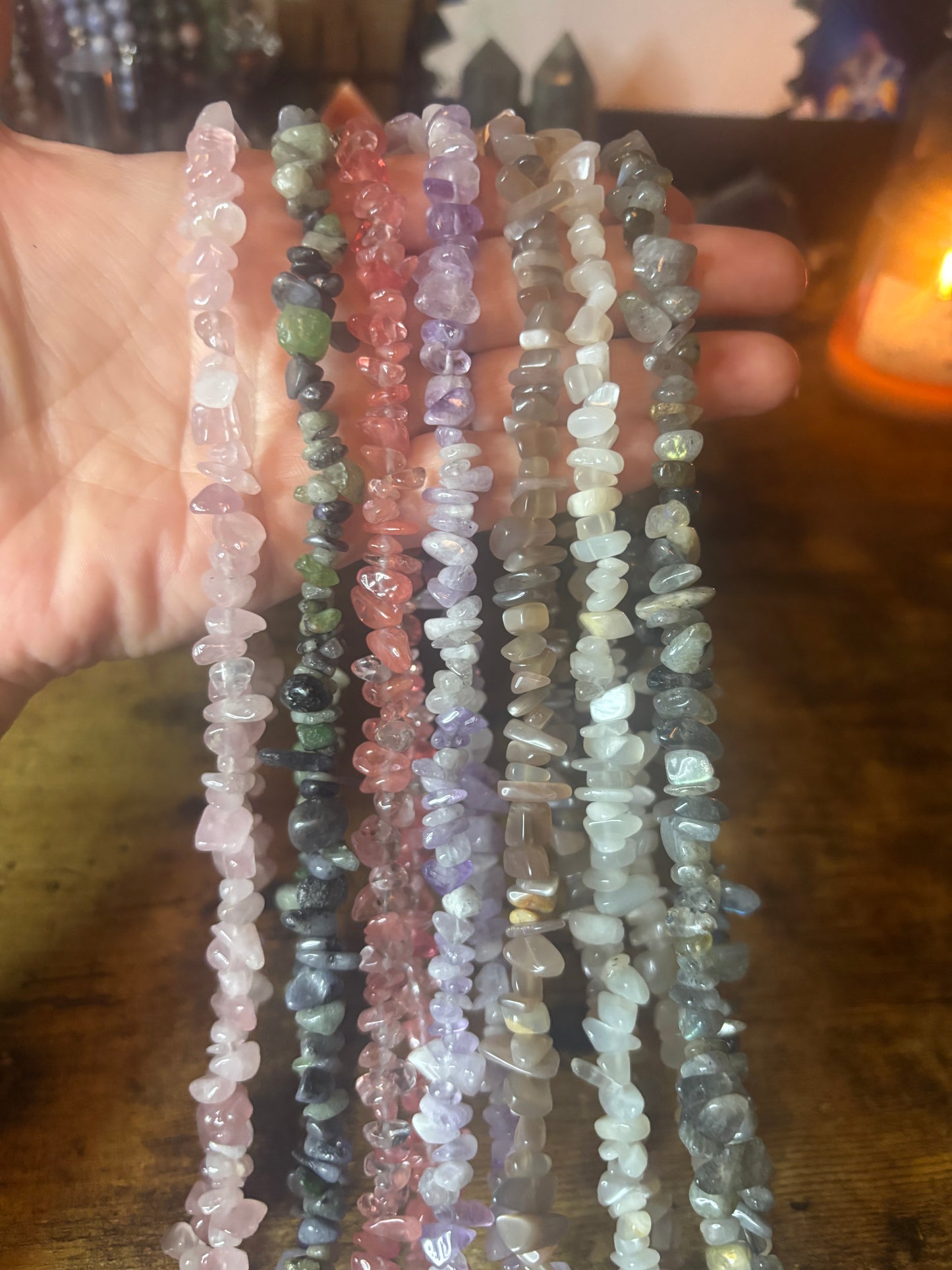 34 inch Natural Gemstone Chips Beads | Violate Flame Mixed Tanzanite, Labradorite, Rose Quartz, Cherry Quartz, Moknstone, Lavender Jade, Grey Moonetone