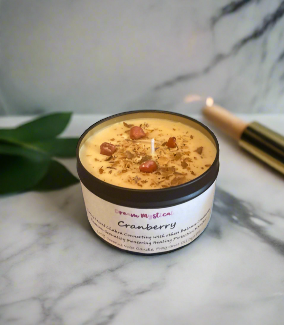 Cranberry Manifesting Candle Root/Sacral Chakra Connecting with others Protection Balance Mentoring Healing Infused with Carnelian crystals