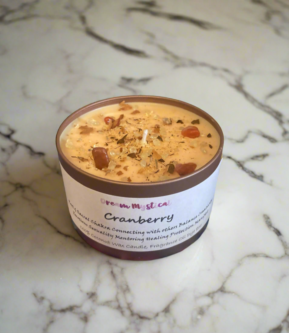 Cranberry Manifesting Candle Root/Sacral Chakra Connecting with others Protection Balance Mentoring Healing Infused with Carnelian crystals