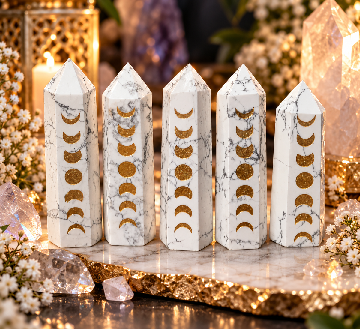 🌙 Howlite Moon Cycle Tower | Gold Moon Phase Crystal Point 🌙✨