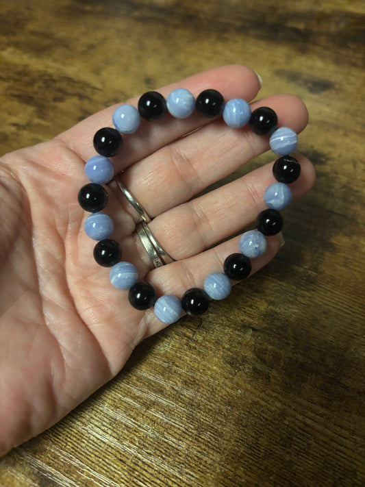 Celestial Shield Harmony Bracelet | Black Tourmaline Blue Lace Agate | Throat & Root Chakra Balance • Reiki Healing Protection Peace