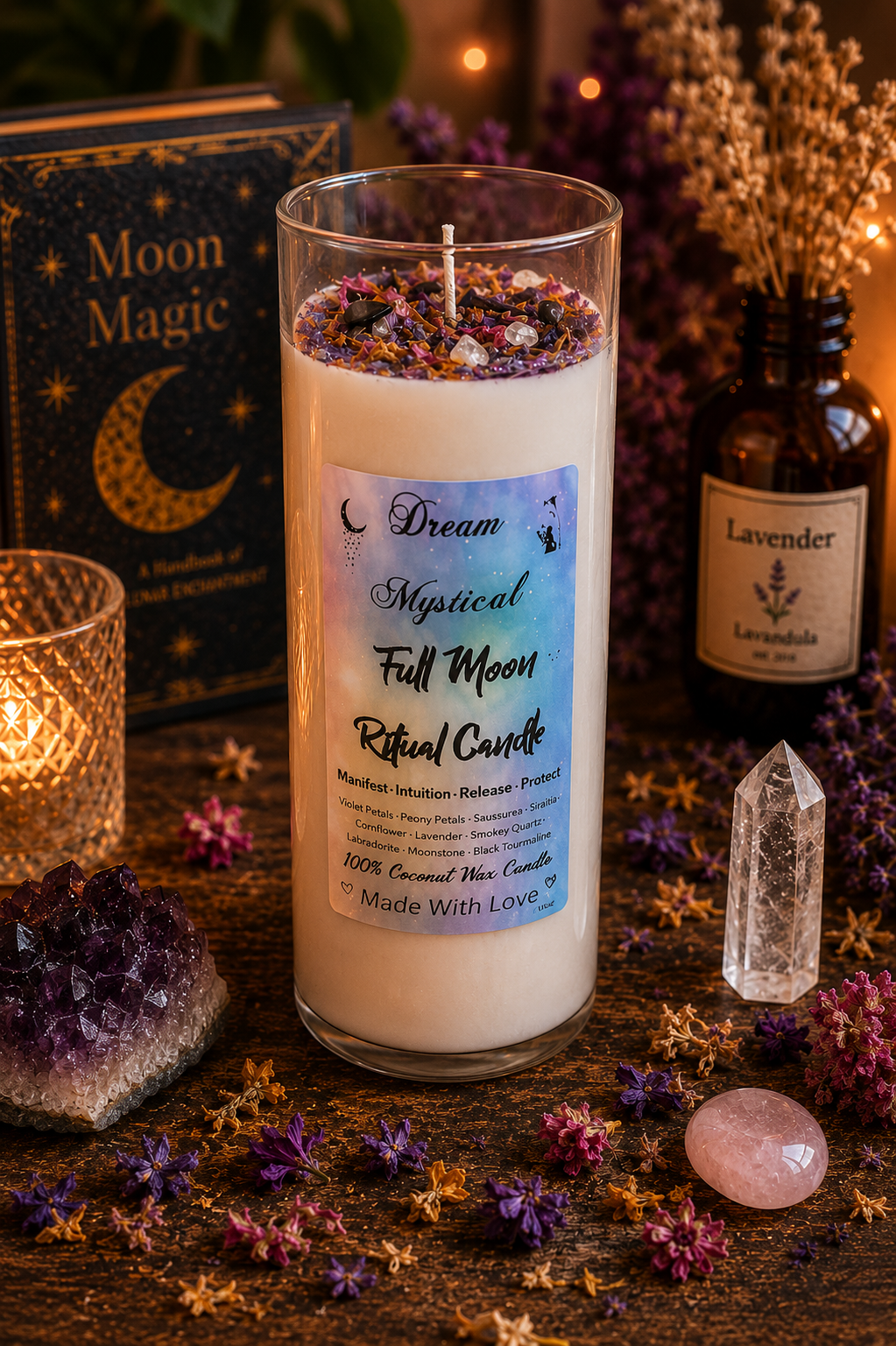 🌕 Dream Mystical Full Moon Ritual Candle Coconut Wax Herbs, Flowers and Crystals 

Manifest • Intuition • Release • Protect