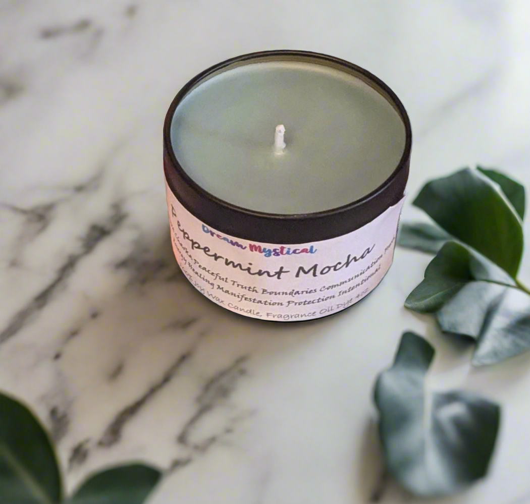 Peppermint Mocha Intentional Manifesting handmade hand poured Candle Throat Chakra Communication Truth Bounderies Peaceful Healing Protection