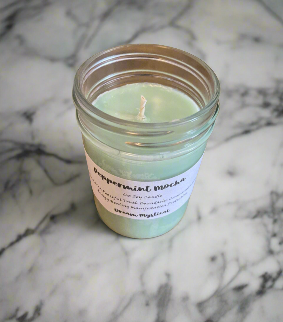Peppermint Mocha Intentional Manifesting handmade hand poured Candle Throat Chakra Communication Truth Bounderies Peaceful Healing Protection