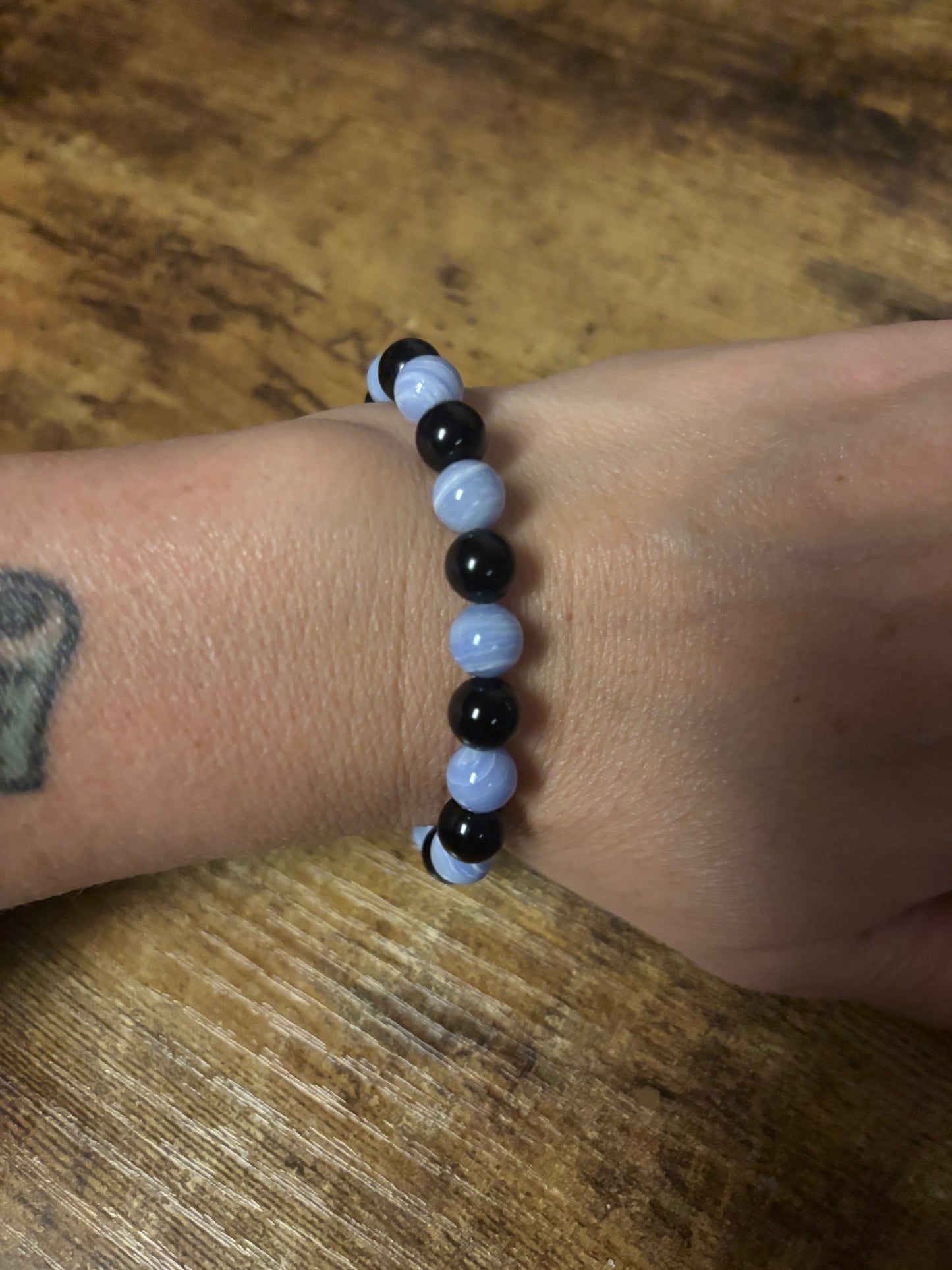 Celestial Shield Harmony Bracelet | Black Tourmaline Blue Lace Agate | Throat & Root Chakra Balance • Reiki Healing Protection Peace