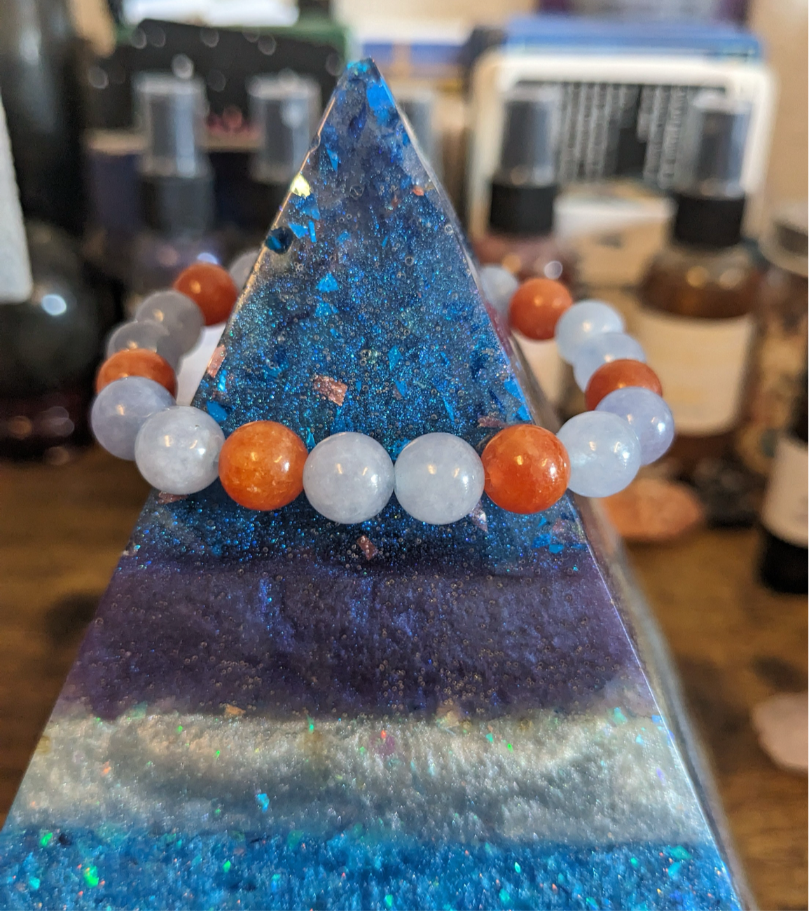8MM Orange Carnelian Blue Aquarium Divine Natural Genuine Crystal Bracket Confidence Protection & Reiki Healing
