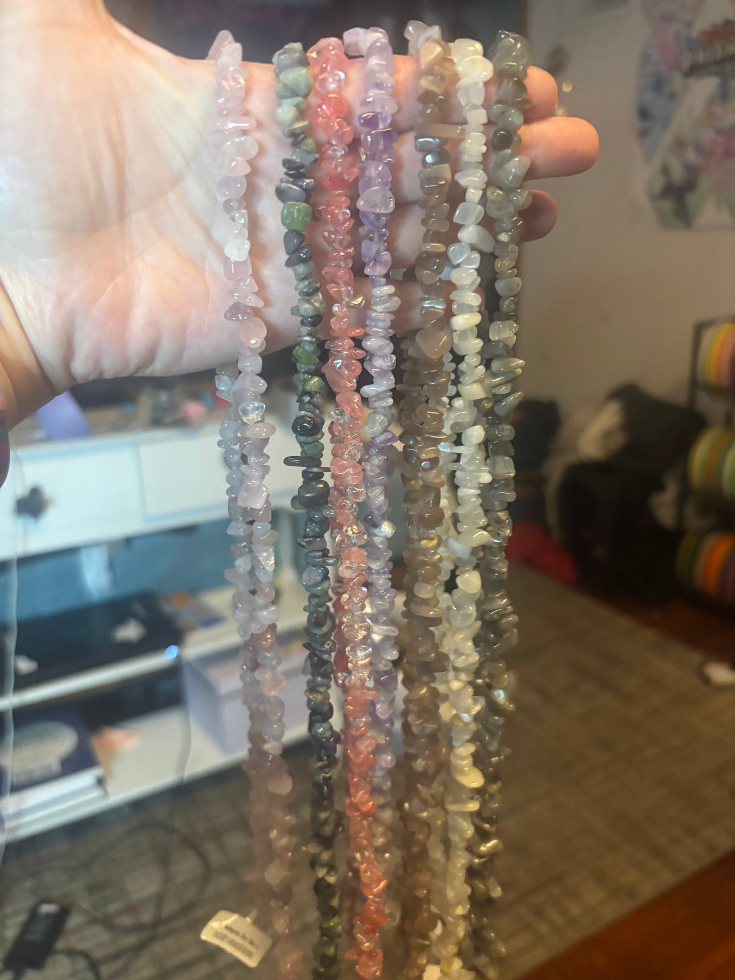 34 inch Natural Gemstone Chips Beads | Violate Flame Mixed Tanzanite, Labradorite, Rose Quartz, Cherry Quartz, Moknstone, Lavender Jade, Grey Moonetone