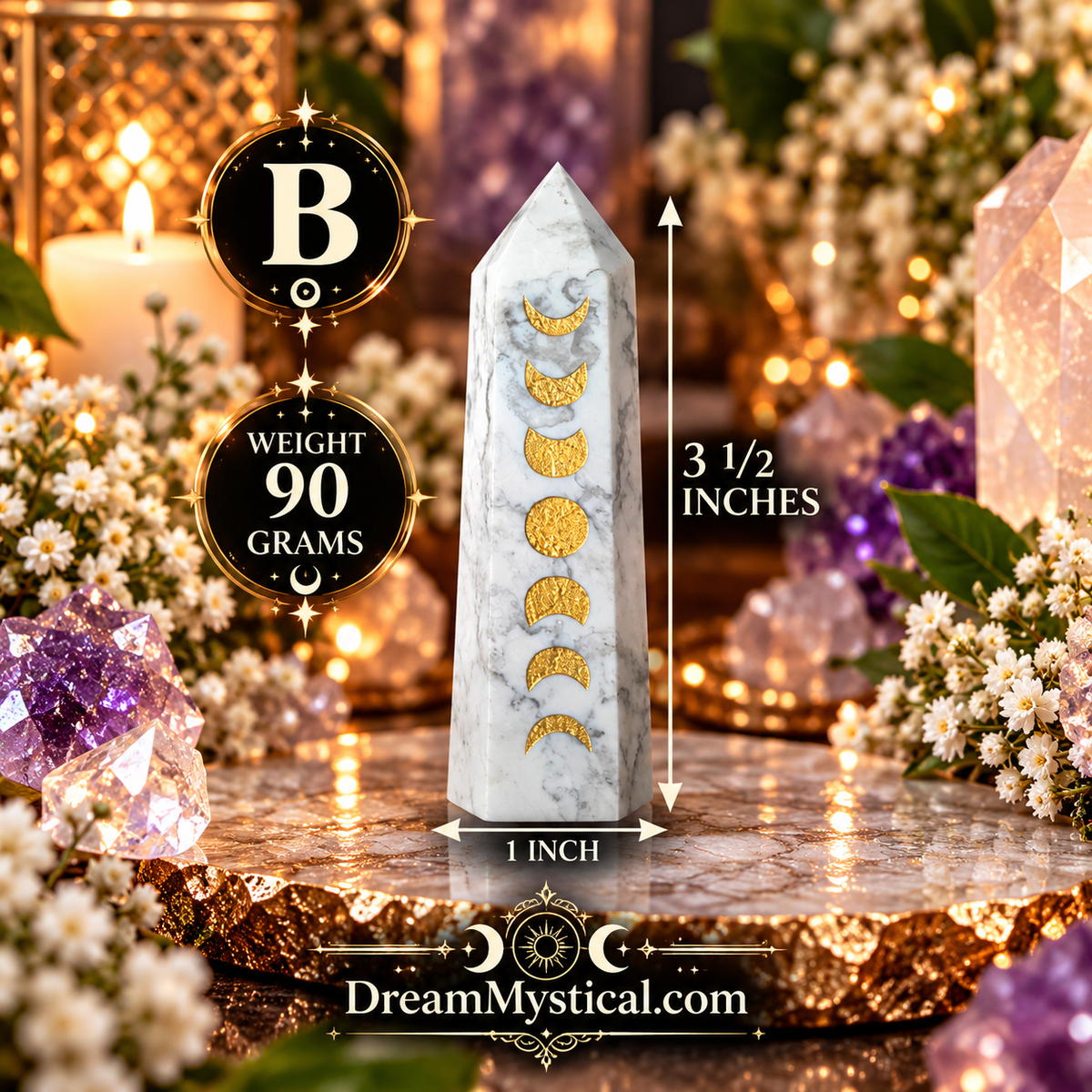 🌙 Howlite Moon Cycle Tower | Gold Moon Phase Crystal Point 🌙✨