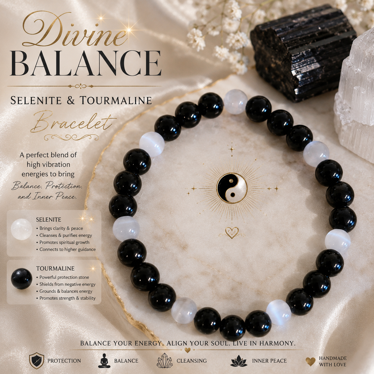 8MM Divine Balance — Black Tourmaline & Selenite Bracelet Protection Natural Genuine Healing Crystal Bracelet