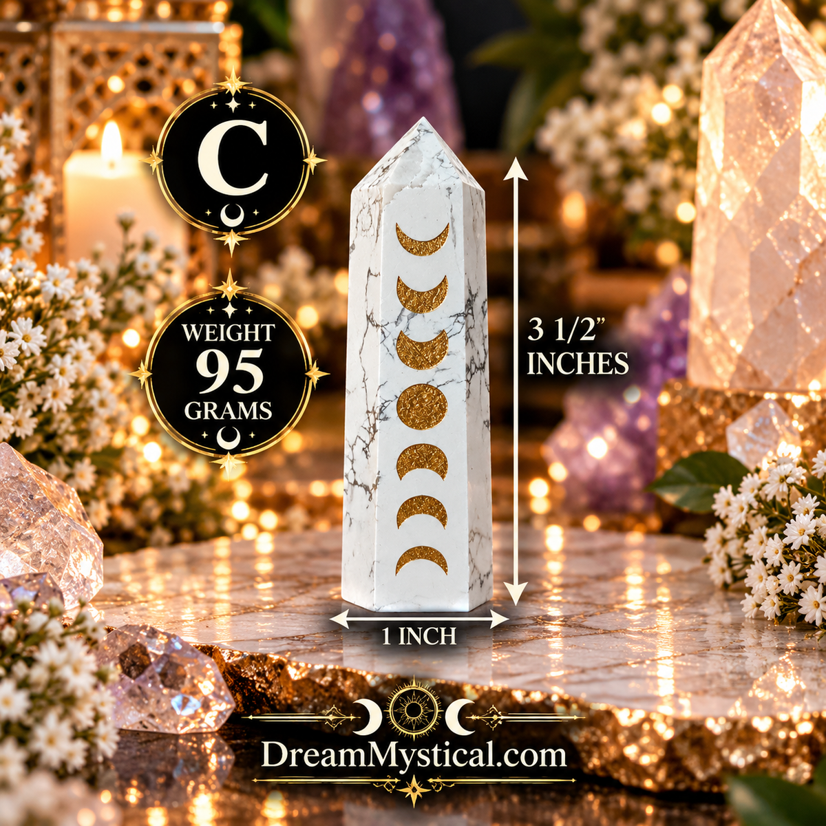 🌙 Howlite Moon Cycle Tower | Gold Moon Phase Crystal Point 🌙✨