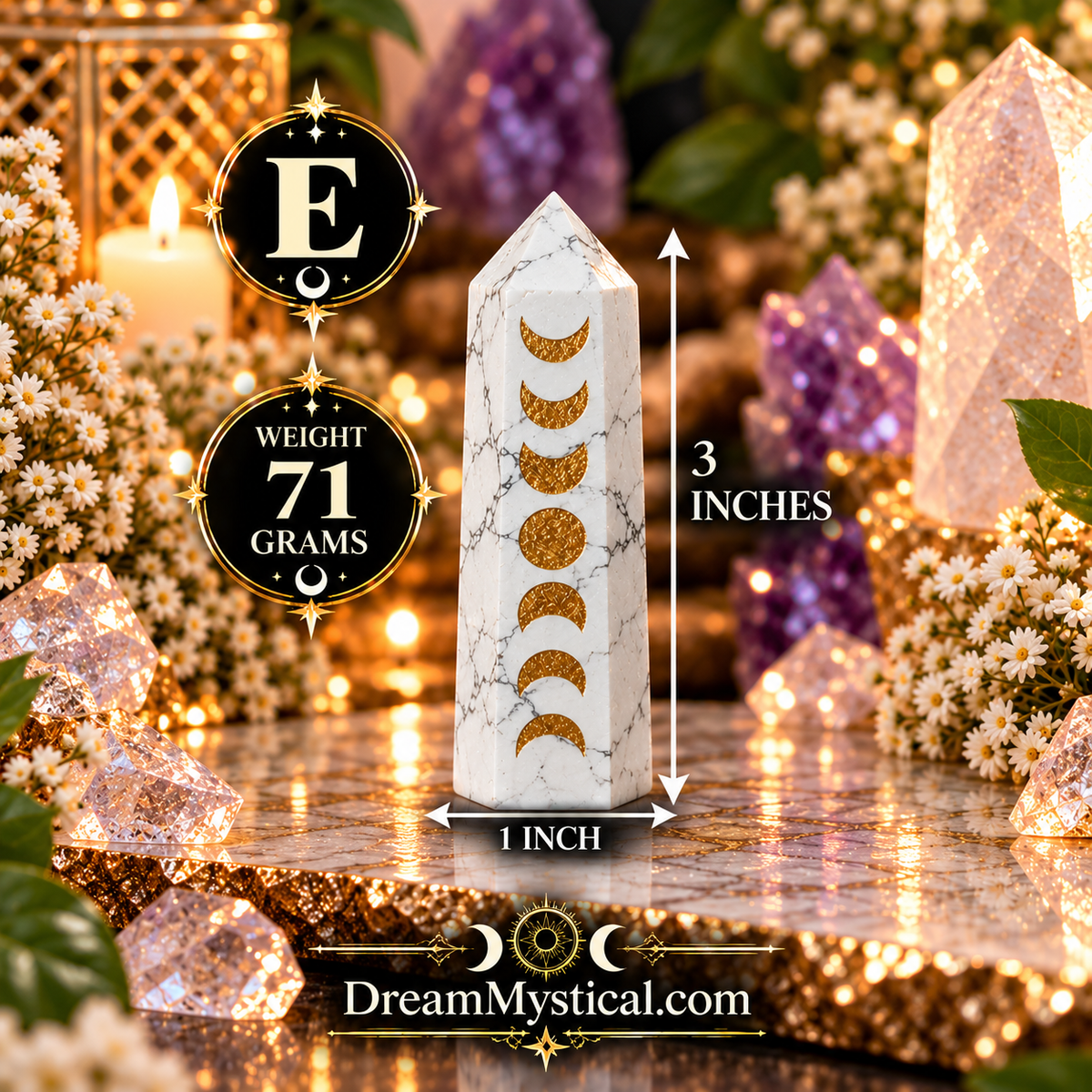 🌙 Howlite Moon Cycle Tower | Gold Moon Phase Crystal Point 🌙✨